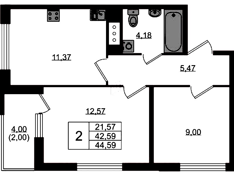 2-комнатная квартира 44.59 м², 10/10 эт., ЖК «UP! Квартал Новый Московский»